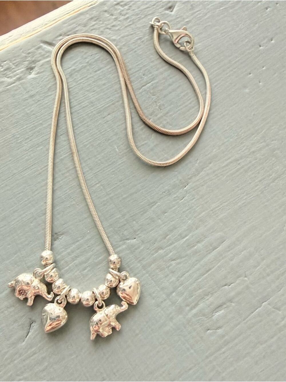 925 Sterling Silver Hearts & Elephants Necklace